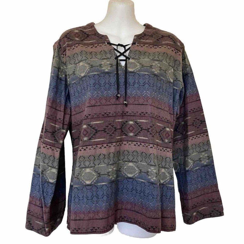 Cabela's Southwestern Print Pullover Flannel Shirt with Lace-Up Neck